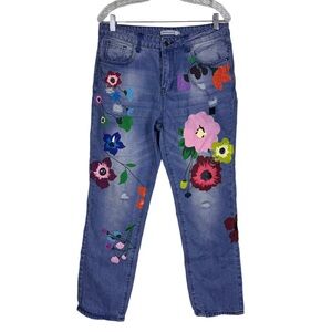 Misslook Painted Floral Straight Leg Denim Blue Jeans Size L Distressed Hippie
